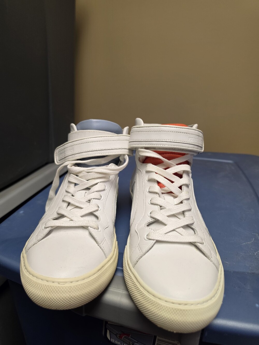 Pierre Hardy White High-Top Sneakers with Blue & Red Tongues